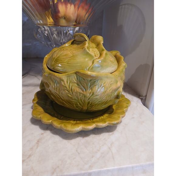 Cabbage Lettuce Turain Serving Bowl Lid Dish Platter Green Ceramic Cottage Farm - Picture 2 of 16